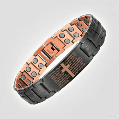 Dark link bracelet with cross engraving and copper-tone magnetic interior