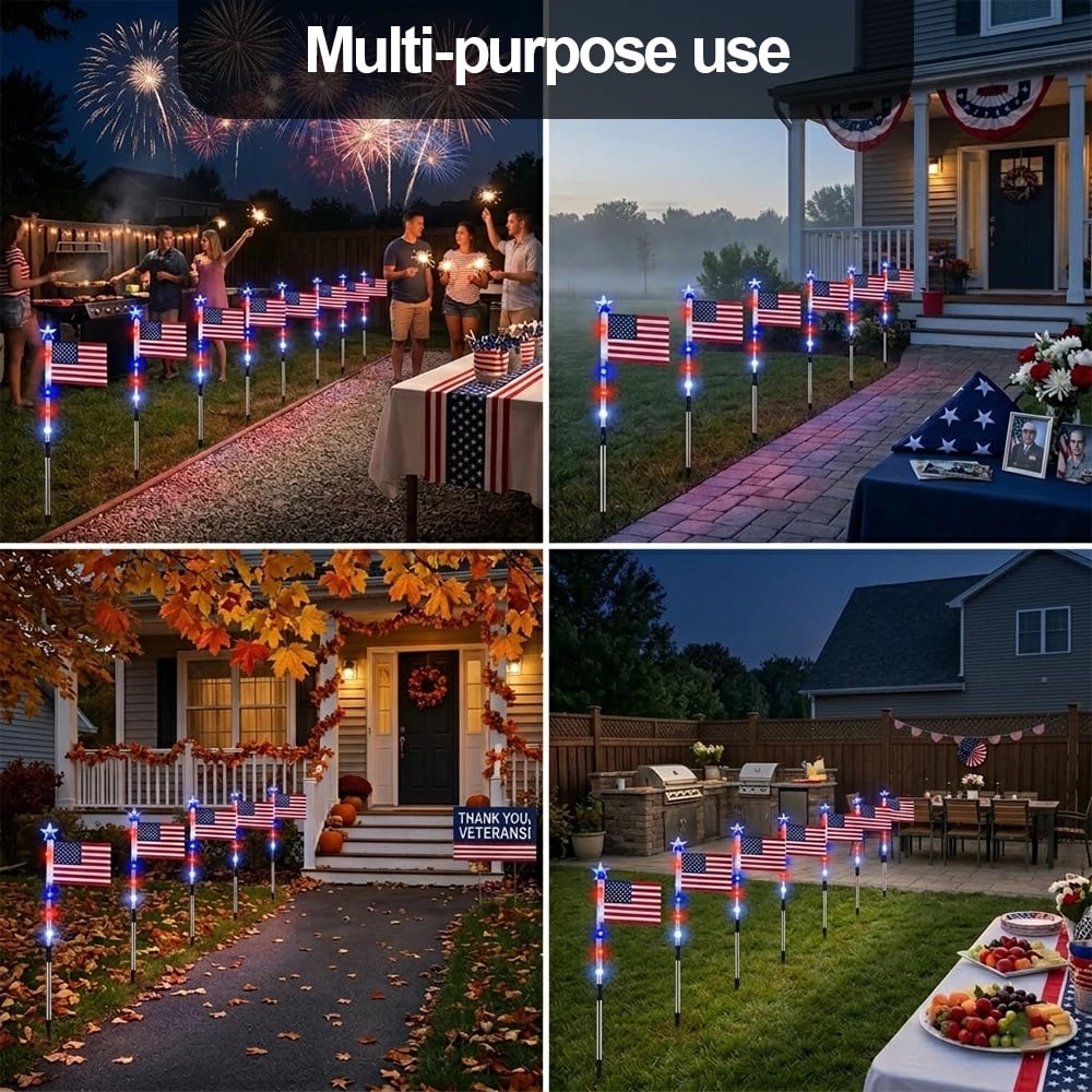 Solar American Flag Pathway Lights – Red, White & Blue Outdoor Garden Stake Lights (Set of 8)