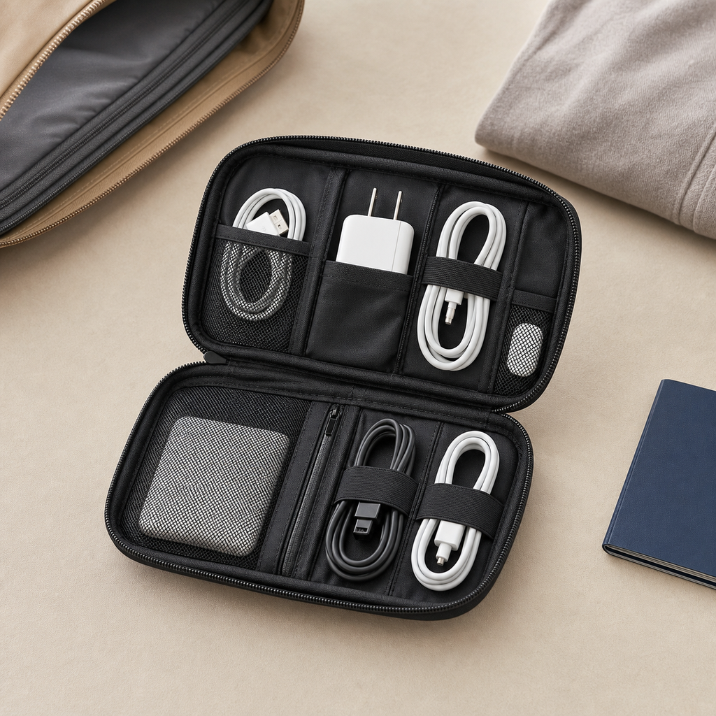 Compact Double-Layer Tech Organizer Pouch