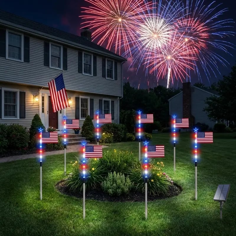 Solar American Flag Pathway Lights – Red, White & Blue Outdoor Garden Stake Lights (Set of 8)