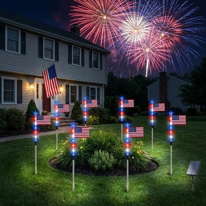 Solar American Flag Pathway Lights – Red, White & Blue Outdoor Garden Stake Lights (Set of 8)