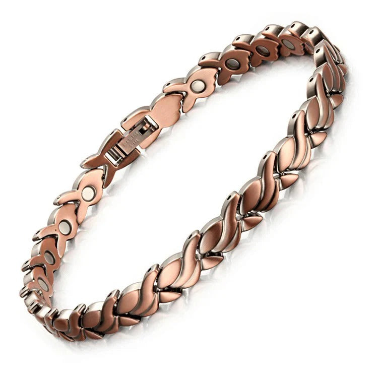 Copper-tone braided link bracelet showing inner magnets