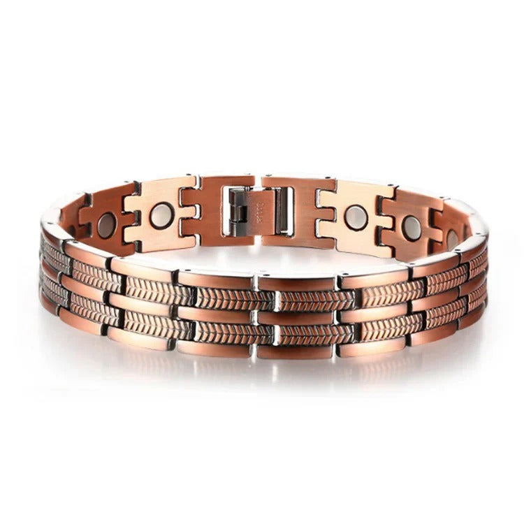 Narrow copper-tone triple-row link bracelet with inner magnetic accents