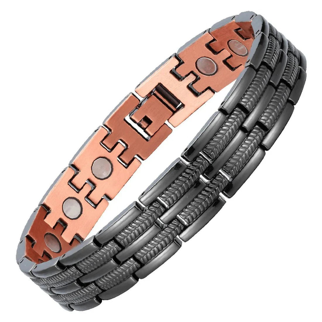Dark silver-tone multi-row bracelet with copper-tone interior magnets