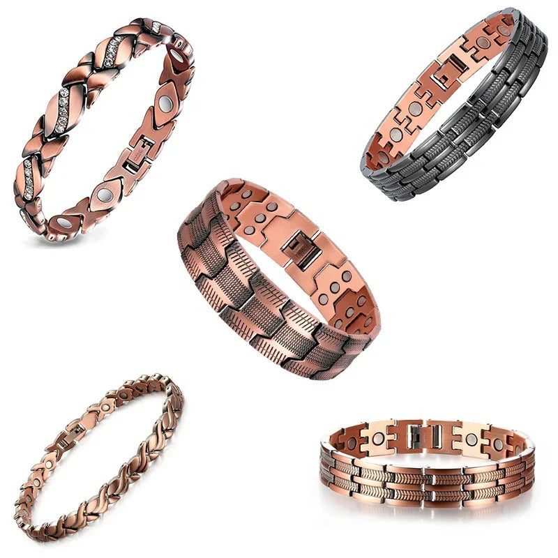 Collage showing five copper-tone and dark bracelet styles