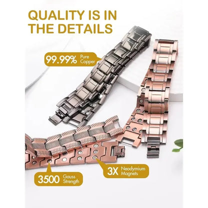 Three bracelets beside material and magnet-strength promotional text