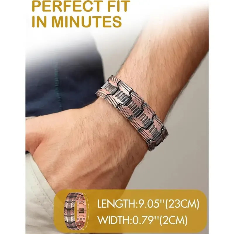 Copper-tone link bracelet worn on wrist with dimension labels