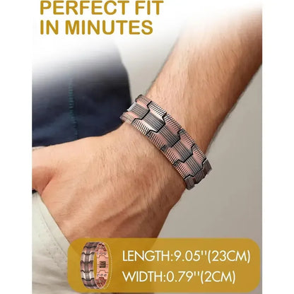Copper-tone link bracelet worn on wrist with dimension labels